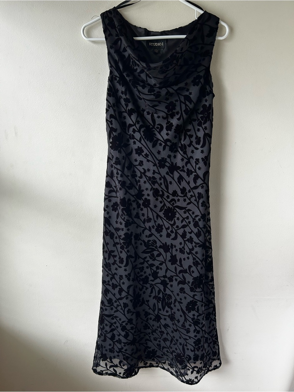 Vintage Y2K Whimsigoth Fairy Velvet Burnout Floral Midi Dress Cowl Neck Black 6